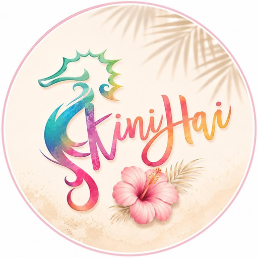 Logo Kini Hai : hippocampe aquarelle et fleur d'hibiscus